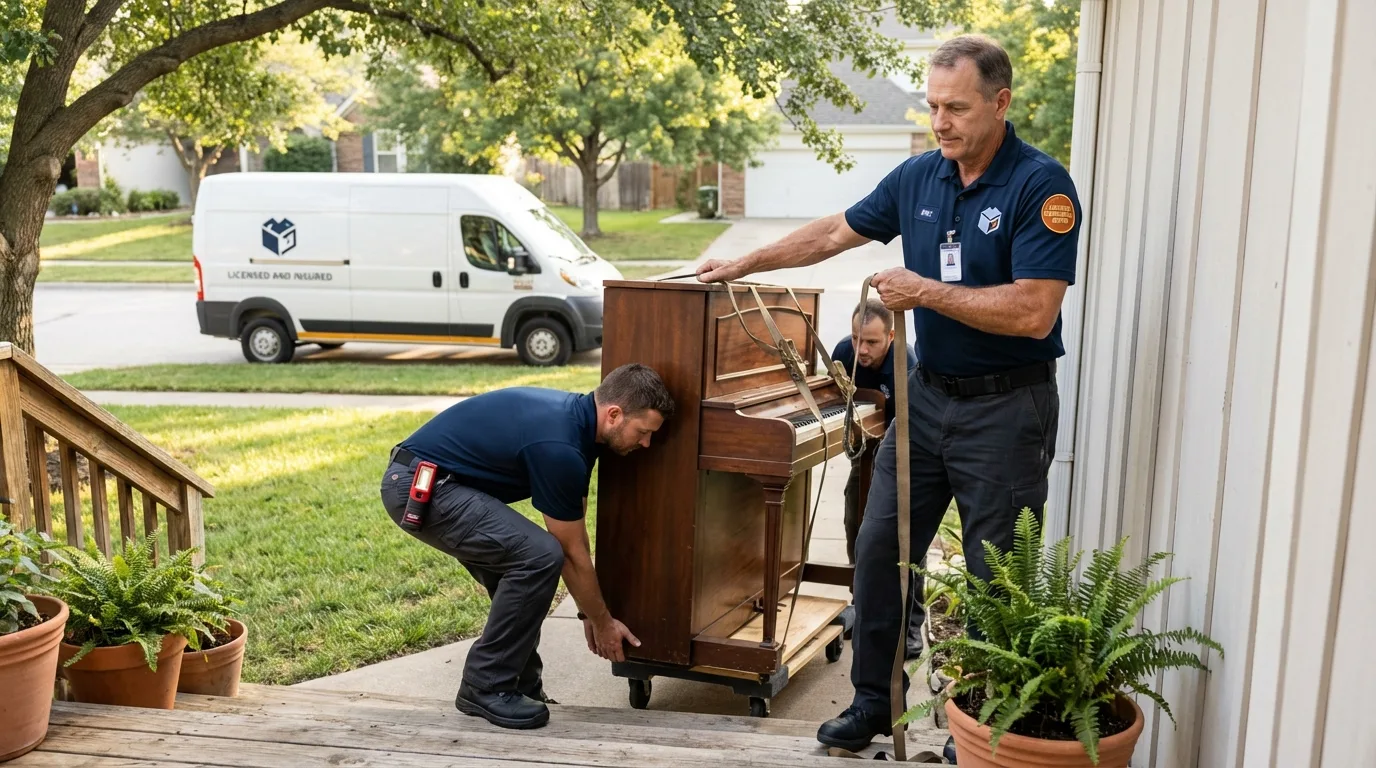 Licensed piano movers securing grand piano in China Grove, NC