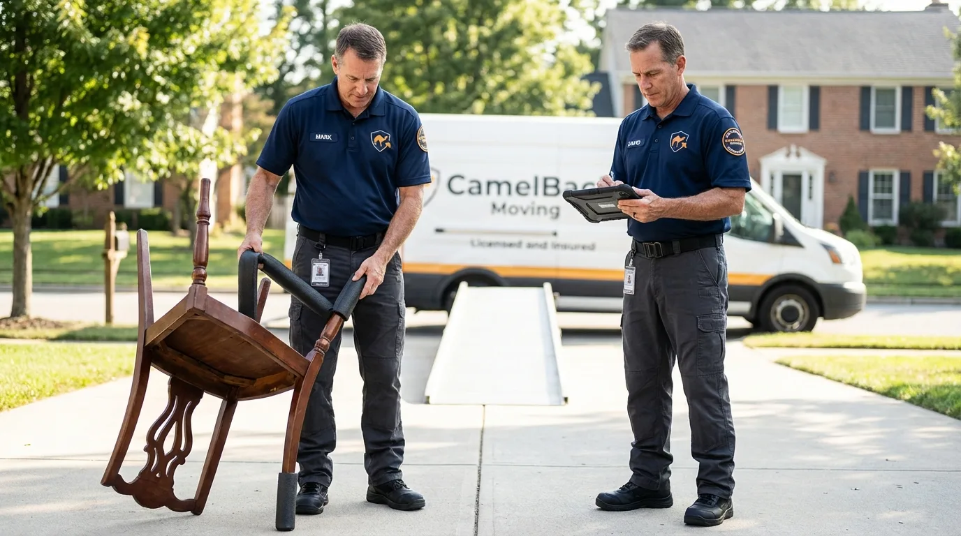 Movers inspecting furniture for damage prevention before loading in China Grove, NC