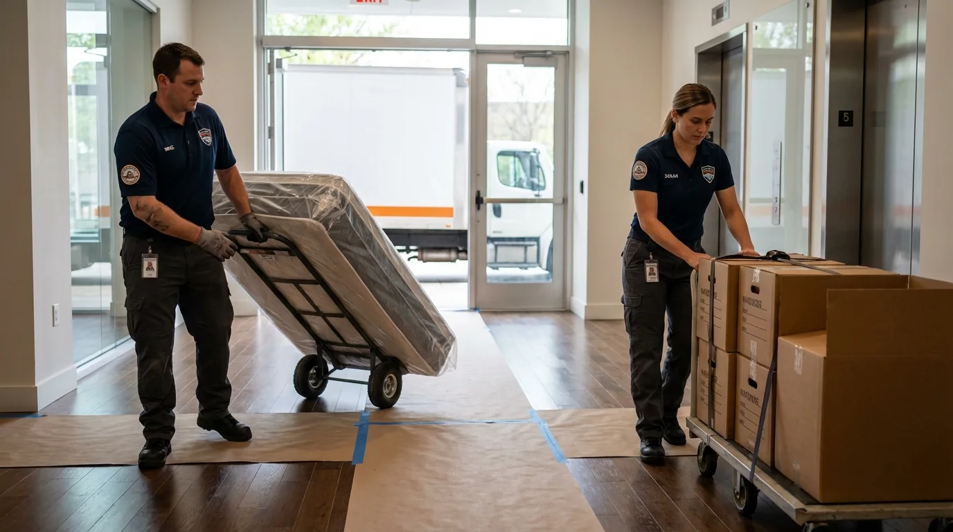 Professional apartment movers loading elevator in China Grove, NC