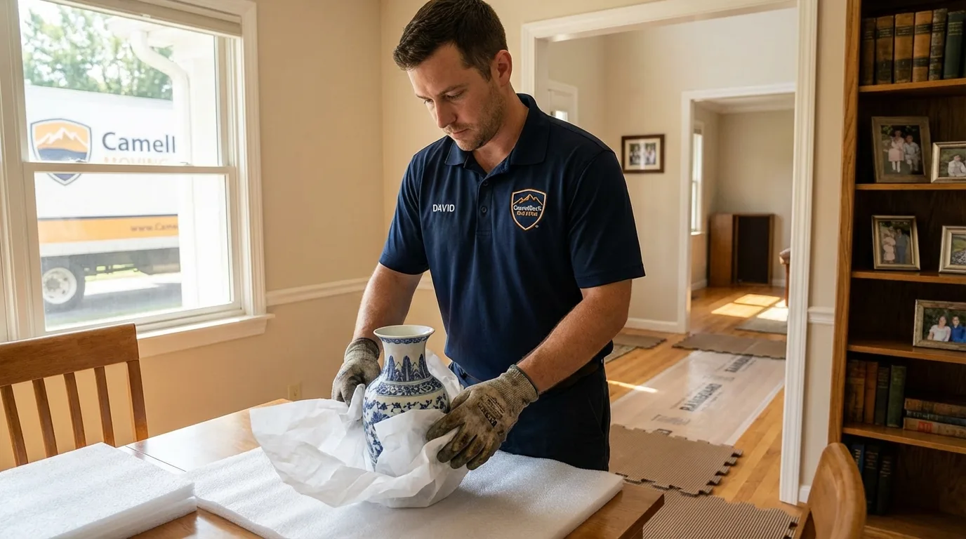 Professional crew carefully wrapping antique vase for senior downsizing move in China Grove, NC